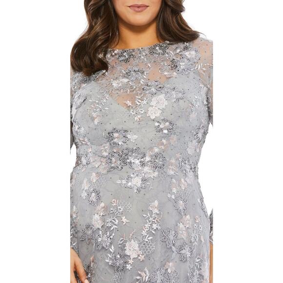 Mac Duggal Platinum Gray Sequin Floral Embroidered Long Sleeve Gown Sz 18 Formal - Picture 4 of 15